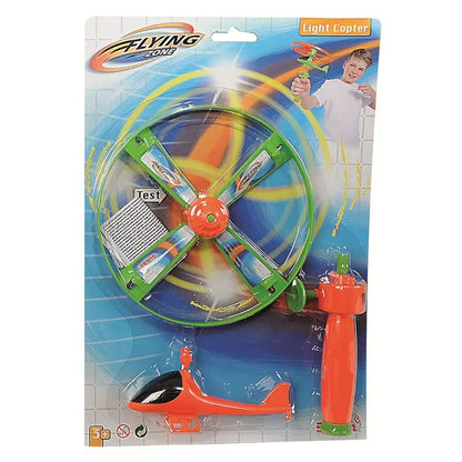 Light copter toy in blister pack, green rotor with orange launch pole and base