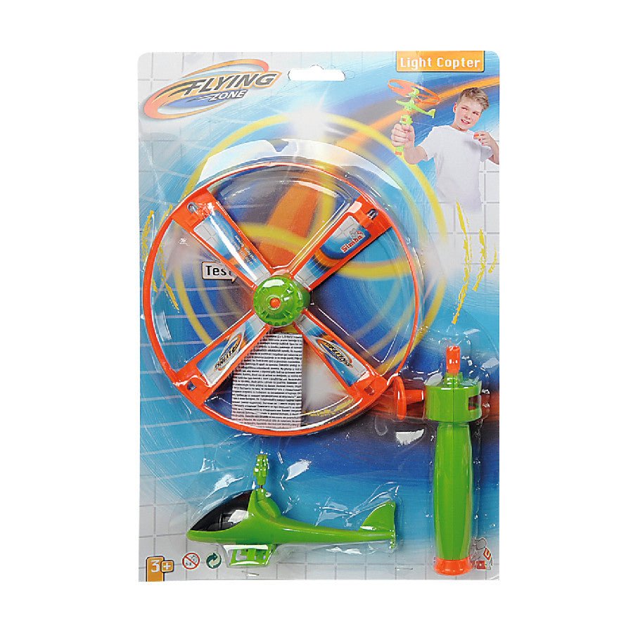 Light copter toy in blister pack, orange rotor with green base body