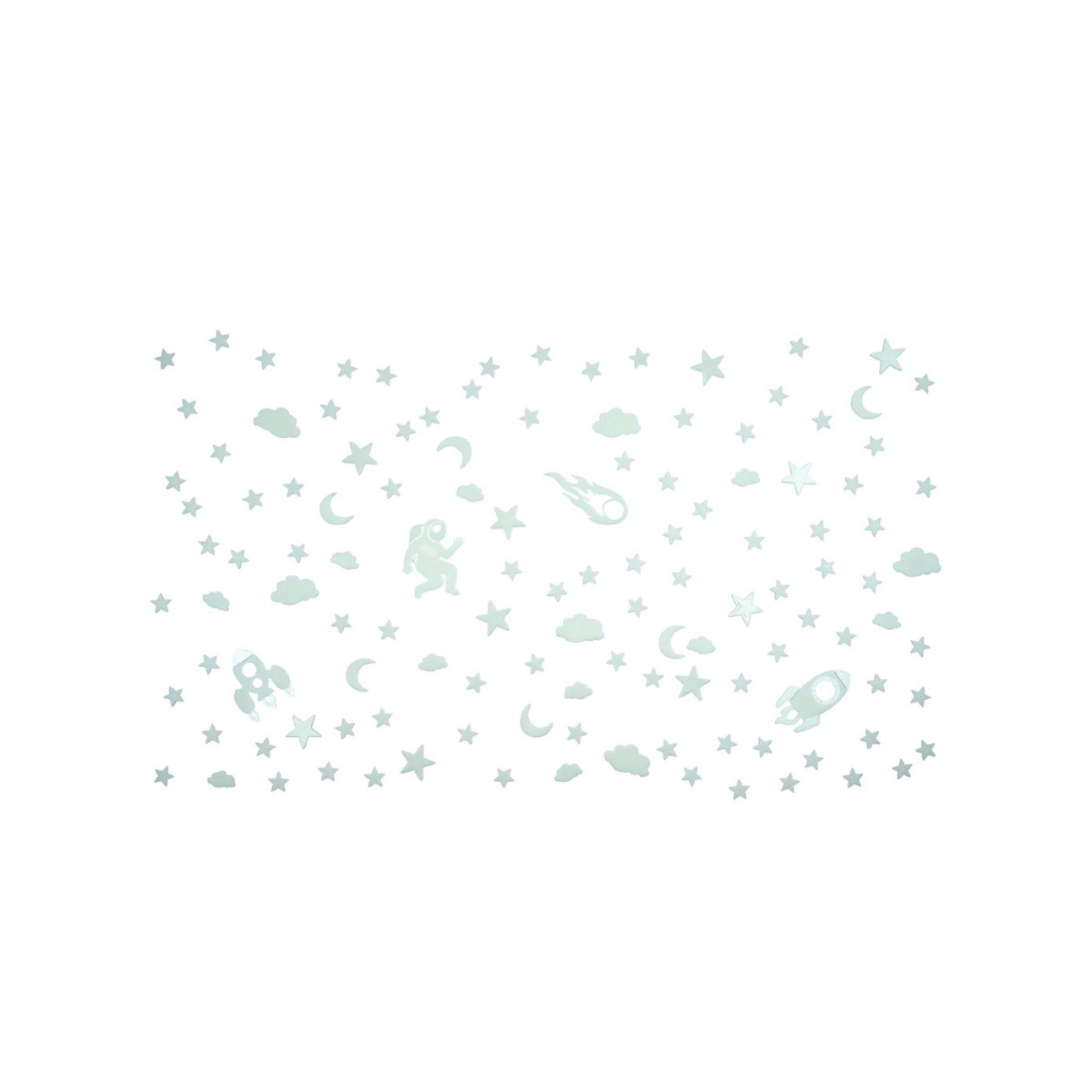 Glow-in-the-dark space sticker sheet with stars, moons, clouds, rockets, and planets