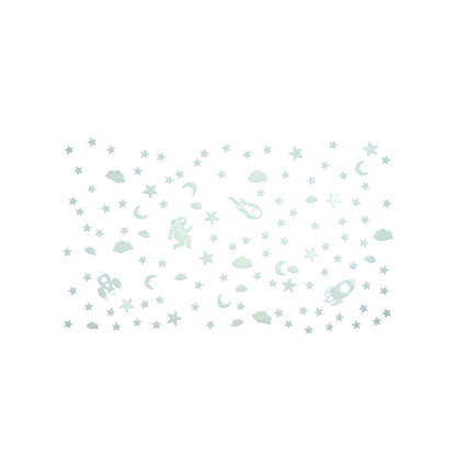 Glow-in-the-dark space sticker sheet with stars, moons, clouds, rockets, and planets