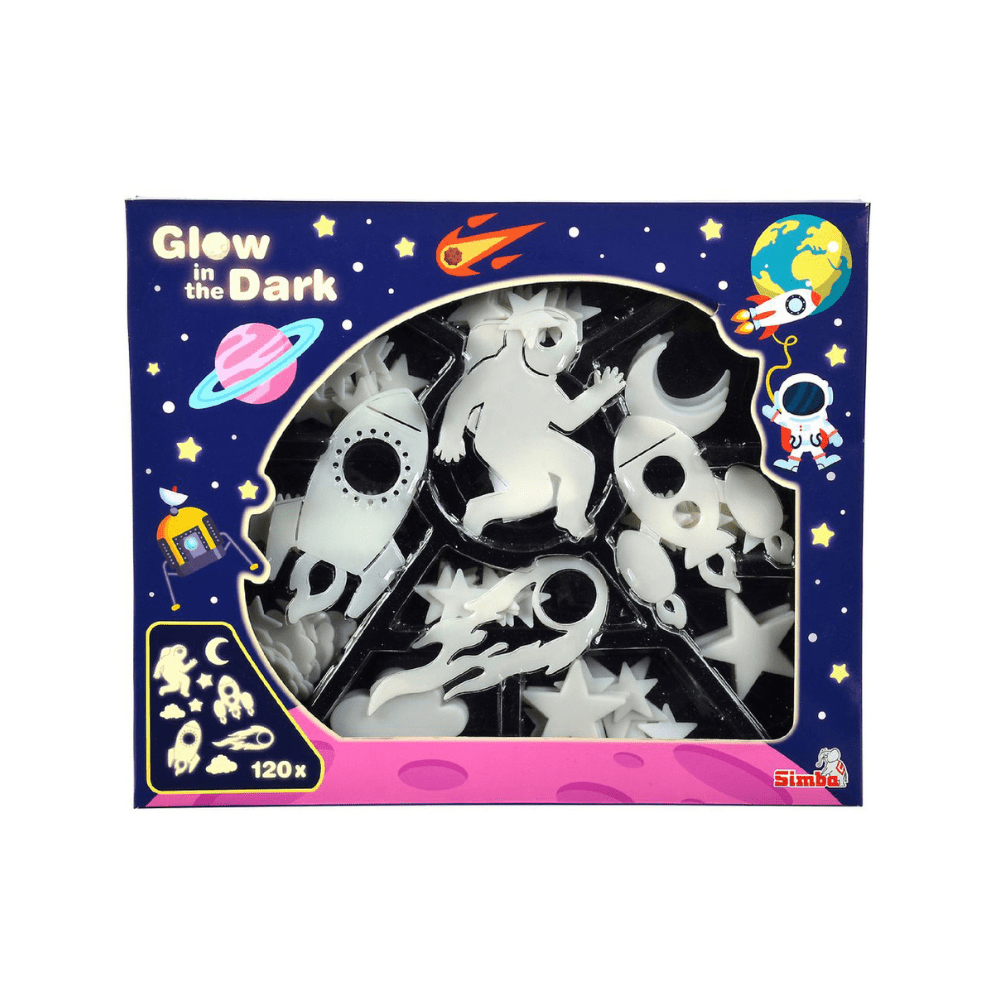 Glow-in-the-dark space sticker set in box, featuring astronaut and star shapes
