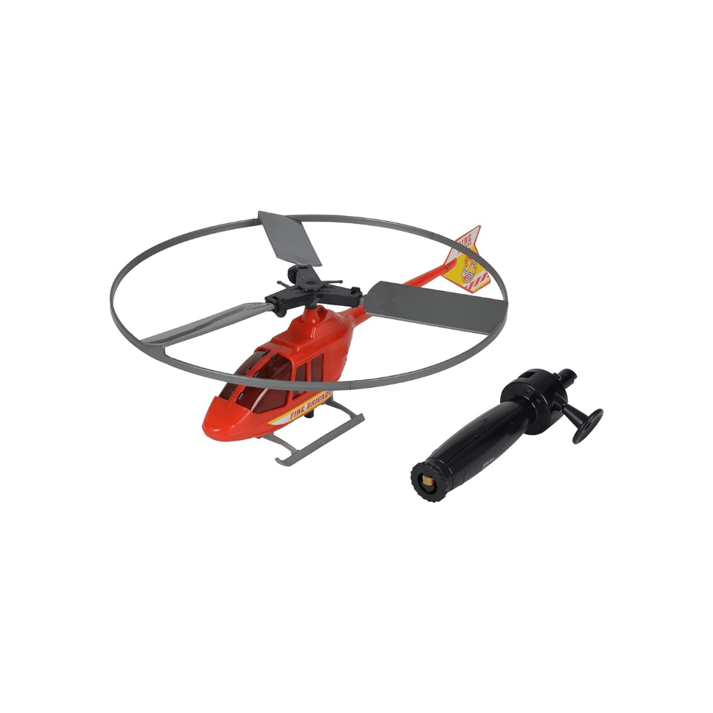 Toy helicopter flight set with red helicopter, rotor, and black launcher