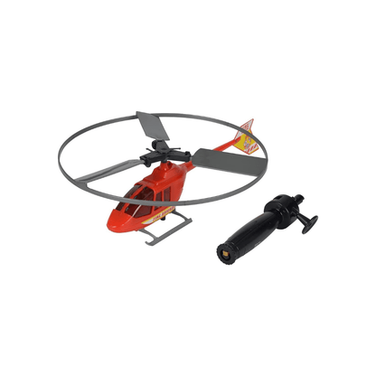 Toy helicopter flight set with red helicopter, rotor, and black launcher