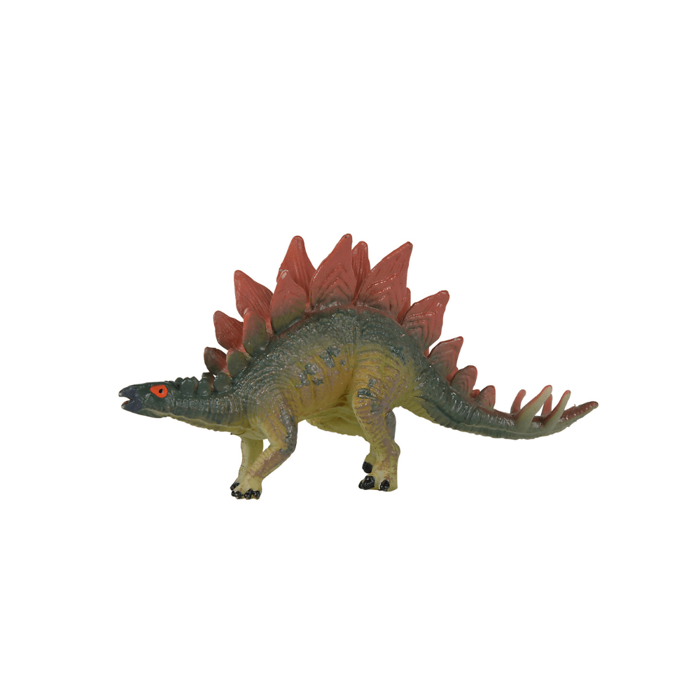Plastic dinosaur figure with green body, red spines along back, dark head, clawed feet