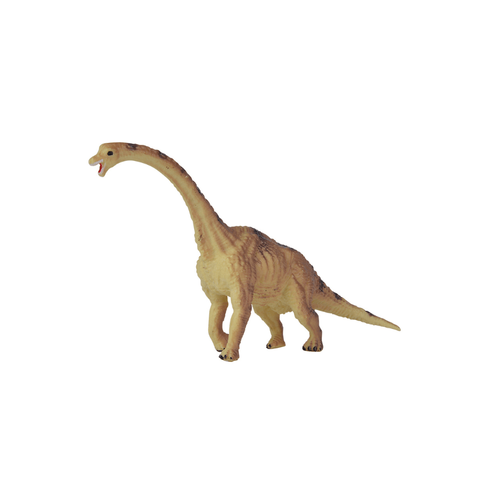 Plastic dinosaur figure with tan long neck and tail, small mouth, four legs, ridged skin