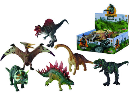Plastic dinosaur figure set in box, multiple dinosaurs and packaged blister display