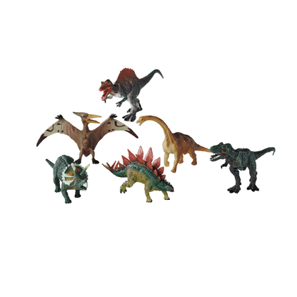 Plastic dinosaur figure set, assorted dinosaurs including red-spined and dark green figures