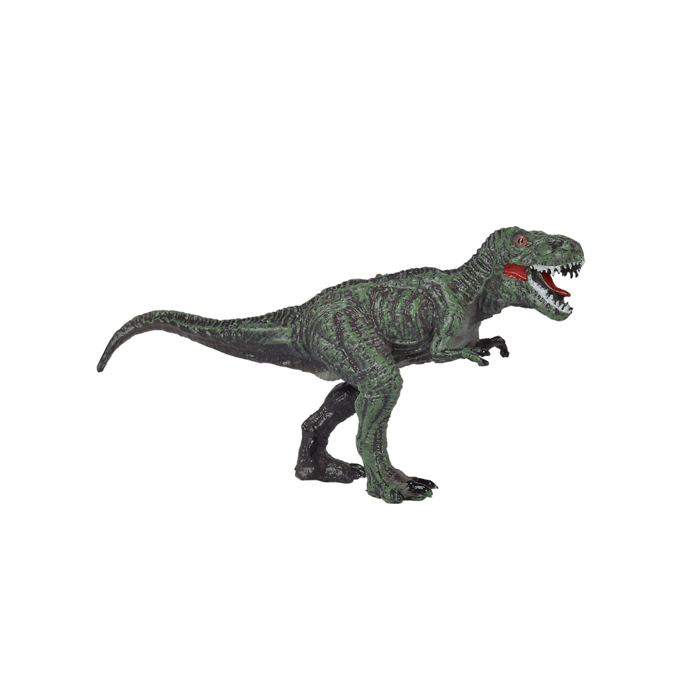 Plastic dinosaur figure with green body, open red mouth, black claws, ridged texture