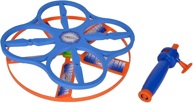 Blue rotor drone with orange ring, propeller frame, and handheld launcher