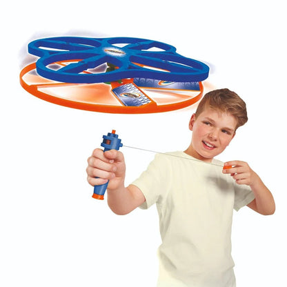 Blue and orange rotor drone toy with handheld launcher and propeller frame