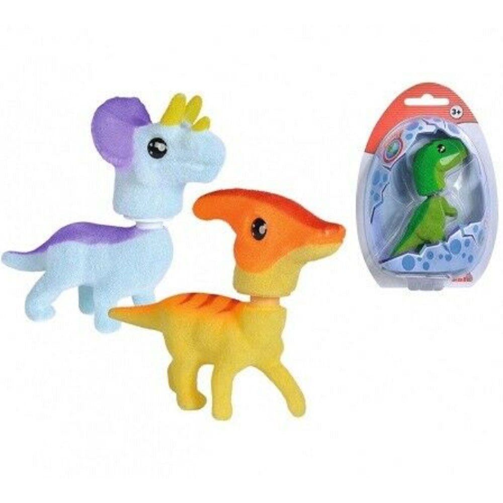 Shaking head dinosaur toy with purple, orange, and green figures, plus blister package