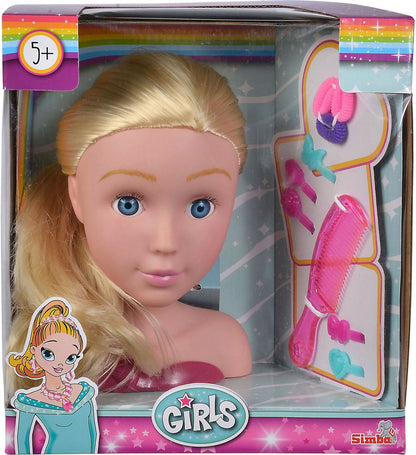 Doll head in box with blonde hair and blue eyes, plus pink hair styling tools