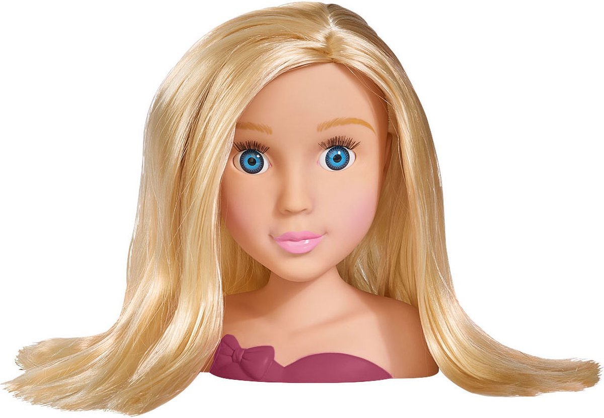 Close-up of blonde doll head with blue eyes and pink lips, wearing a purple top