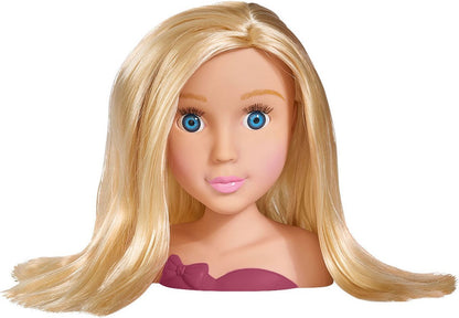 Close-up of blonde doll head with blue eyes and pink lips, wearing a purple top