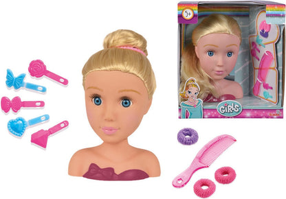 Blonde doll head with blue eyes and purple bow, with pink and blue accessories