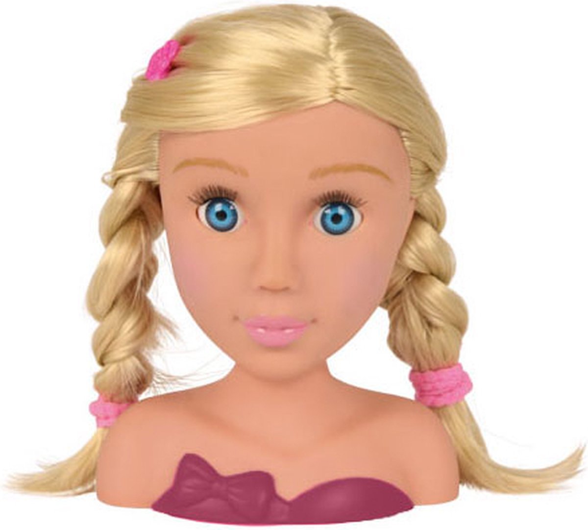Close-up of blonde doll head with blue eyes, twin braids, and pink hair ties