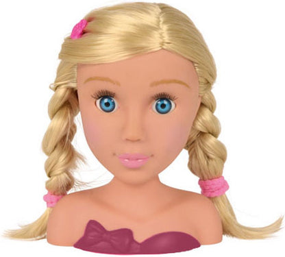Close-up of blonde doll head with blue eyes, twin braids, and pink hair ties