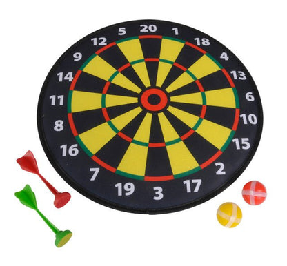 Soft dart game dartboard with black outer ring, green and yellow segments plus foam darts