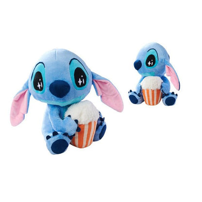 Stitch Popcorn 25cm Plüschfigur, blaues Kuscheltier mit pinken Ohren, hält Popcornbecher