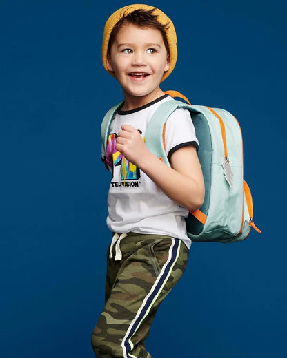Kid wearing teal robot backpack with orange straps and side zipper pocket