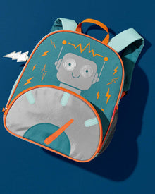 Skip Hop robot kid backpack, teal with orange trim and front zip pocket