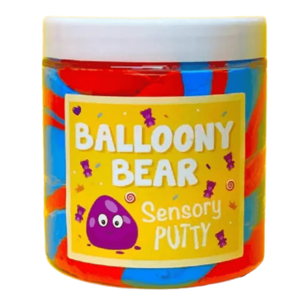 Sensory putty tub with yellow label and visible red, blue, and orange swirls