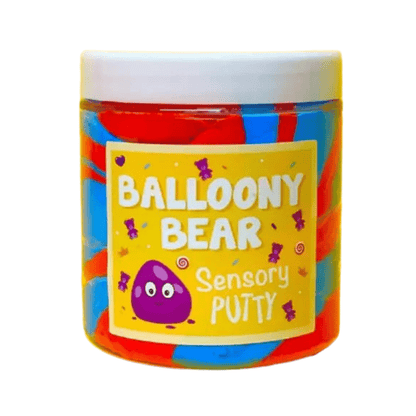 Sensory putty container with yellow front label and purple bear graphic