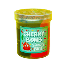Cherry Bomb sensory putty jar with cherry-themed label; green, yellow, orange slime