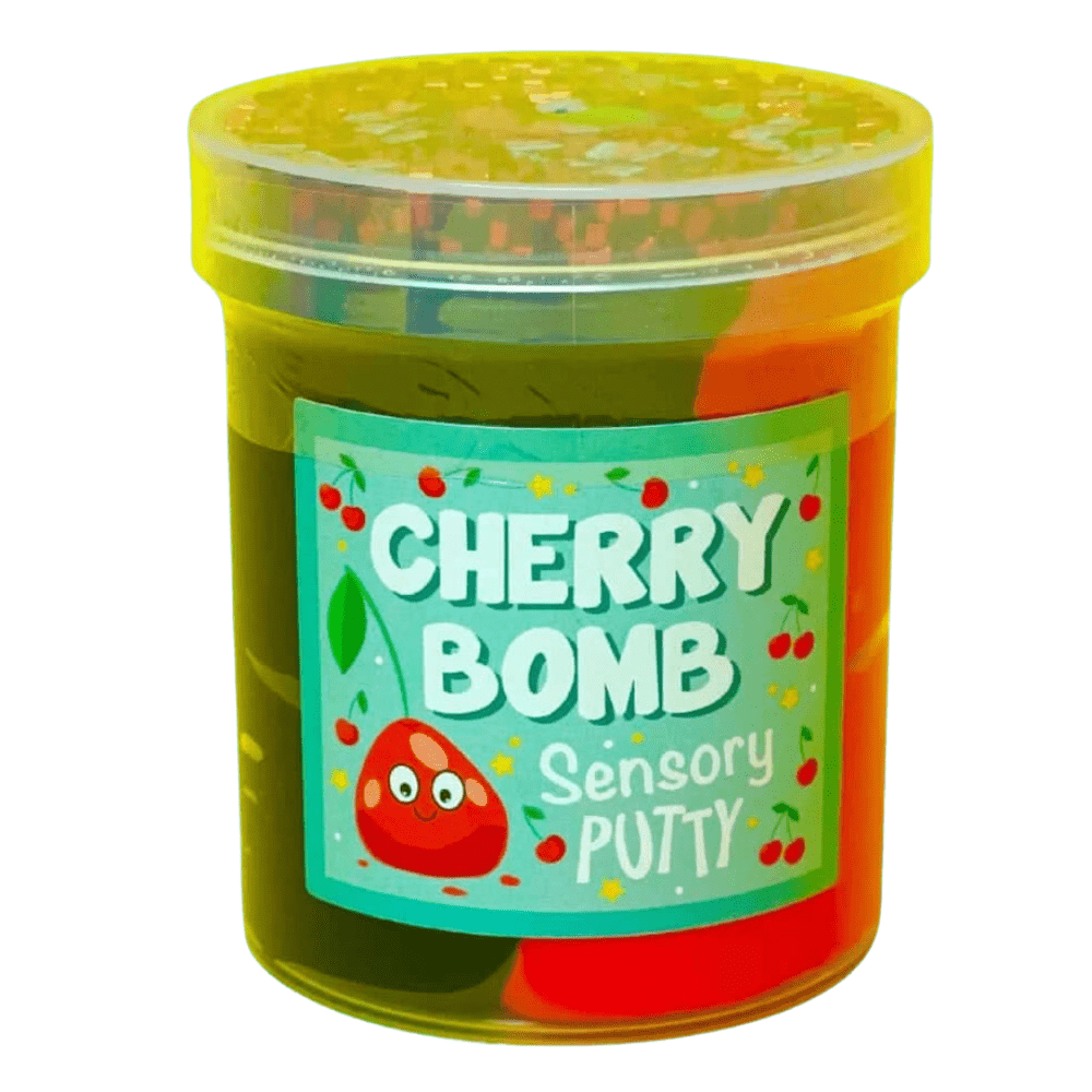 Sensory putty jar with Cherry Bomb label; layered green and orange putty