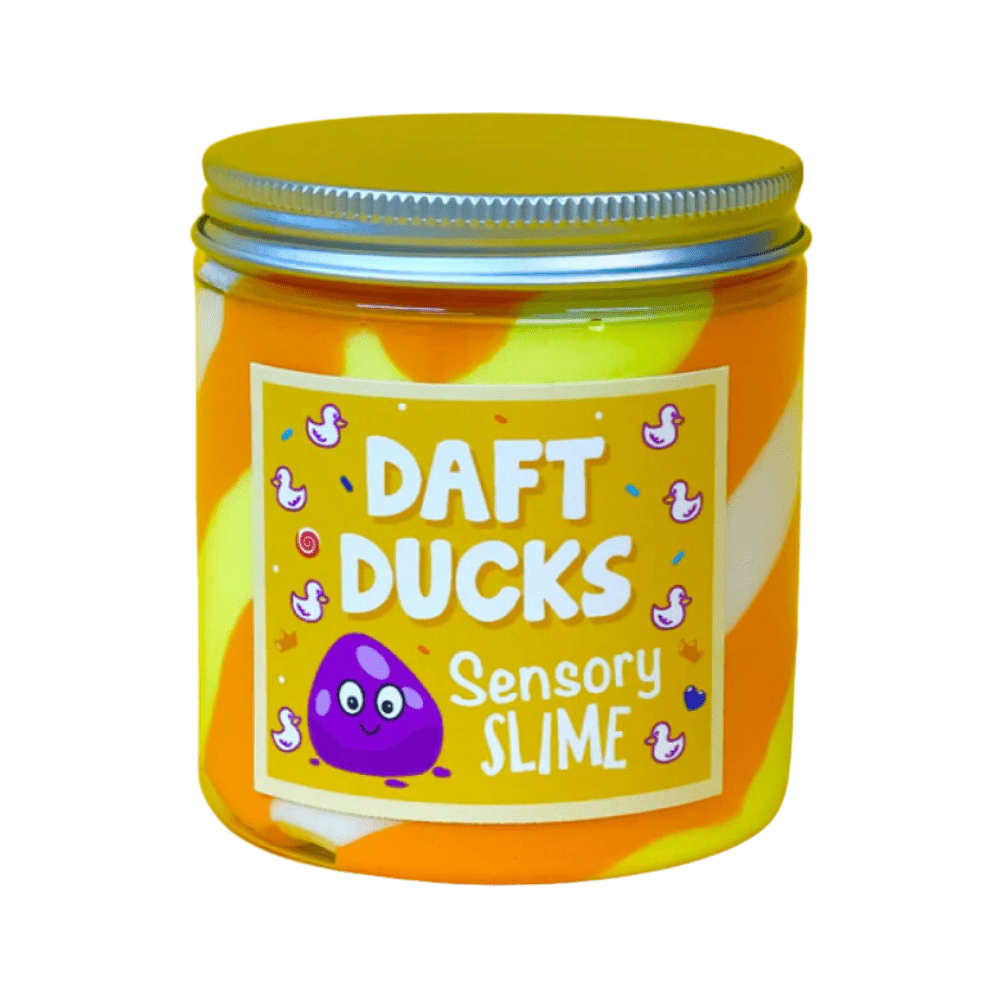 Sensory slime jar with orange-and-yellow contents and playful duck label