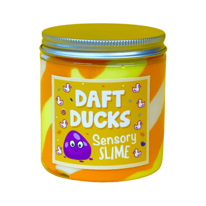 Sensory slime jar with orange-and-yellow contents and playful duck label