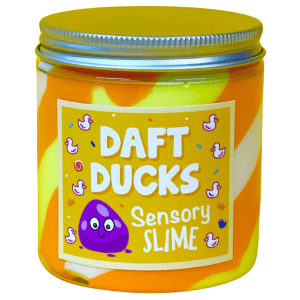 Sensory slime jar with orange-and-yellow slime and duck character graphic label