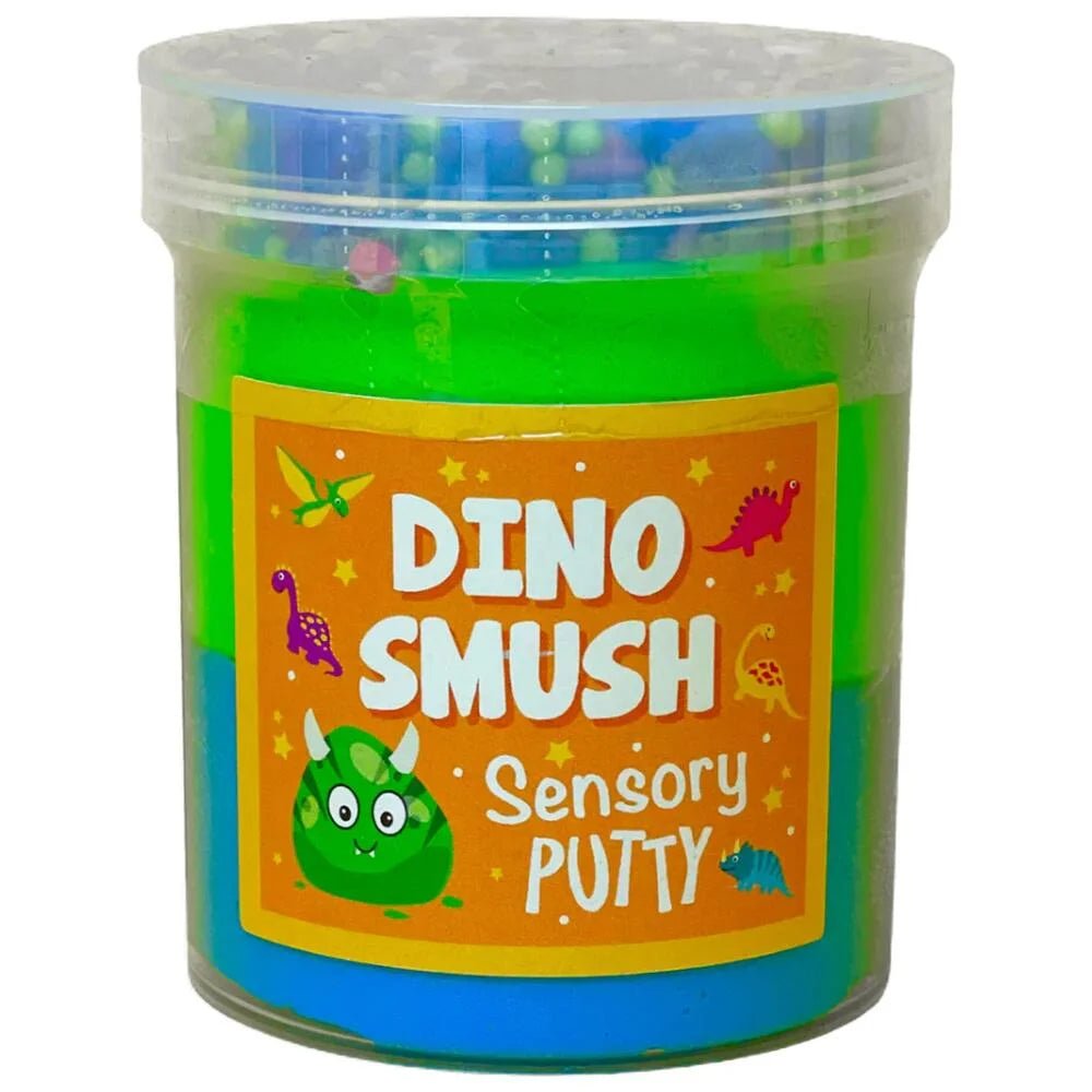 Sensory putty jar with clear sides, green putty, and orange label with dinosaur graphics