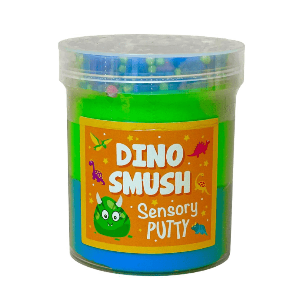 Sensory putty jar with clear sides, green putty, and orange dinosaur label
