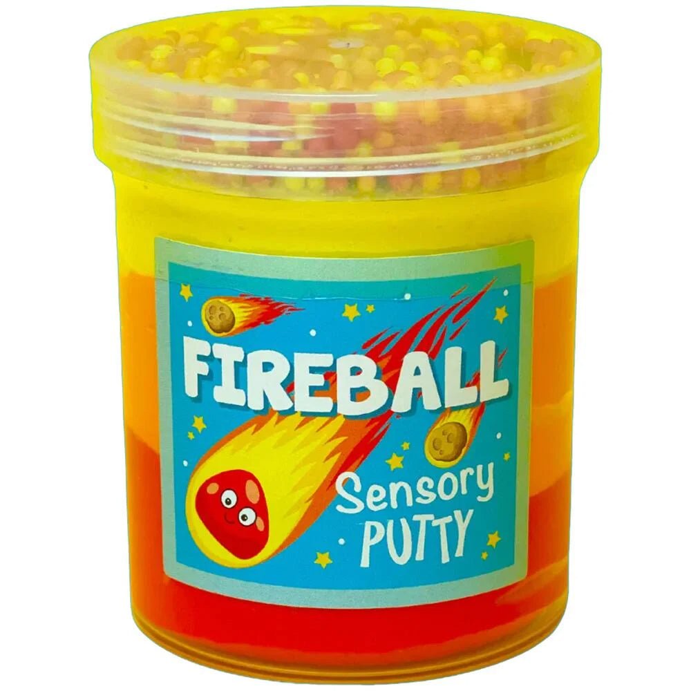 Fireball sensory putty container with yellow translucent putty and centered Fireball logo label