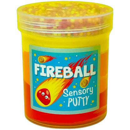 Fireball sensory putty container with yellow translucent putty and centered Fireball logo label