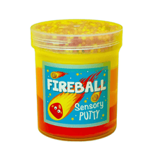 Fireball sensory putty jar with yellow translucent putty and blue Fireball label