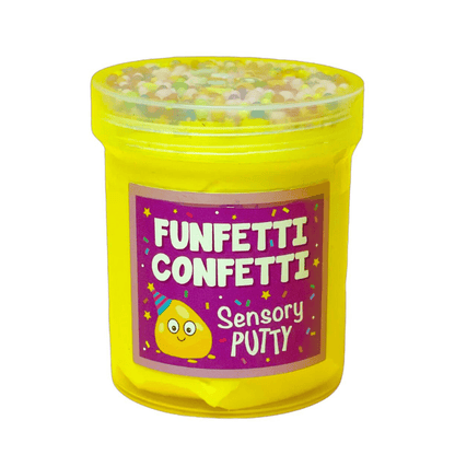 Yellow sensory putty jar with Funfetti Confetti label and clear lid, filled with confetti