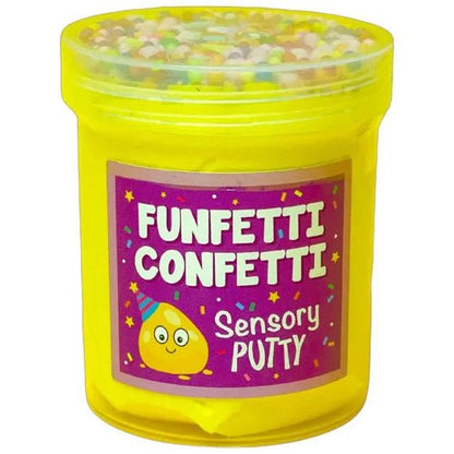 Yellow sensory putty jar with Funfetti Confetti label, clear lid visible