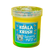 Koala Krush sensory putty jar, yellow-green translucent container with clear lid and koala label