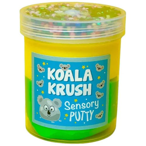 Koala Krush sensory putty jar, yellow-green translucent tub with blue koala-themed label