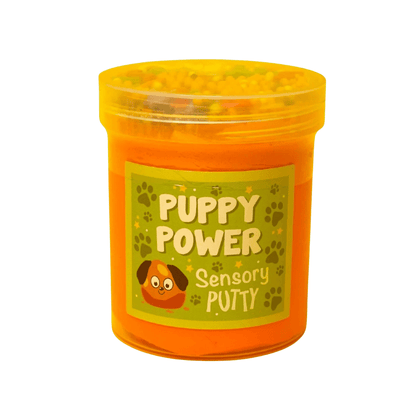 Orange translucent sensory putty jar with yellow lid and Puppy Power label