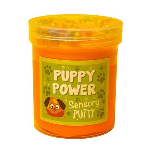 Orange translucent sensory putty jar with yellow lid and green Puppy Power label