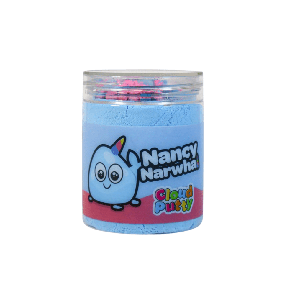 Nancy Narwhal blue cloud putty jar in clear screw-top container