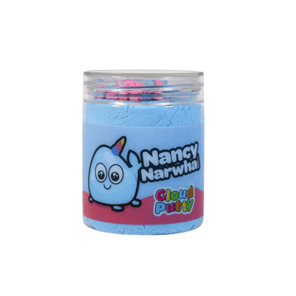 Nancy Narwhal blue cloud putty jar in clear screw-top container