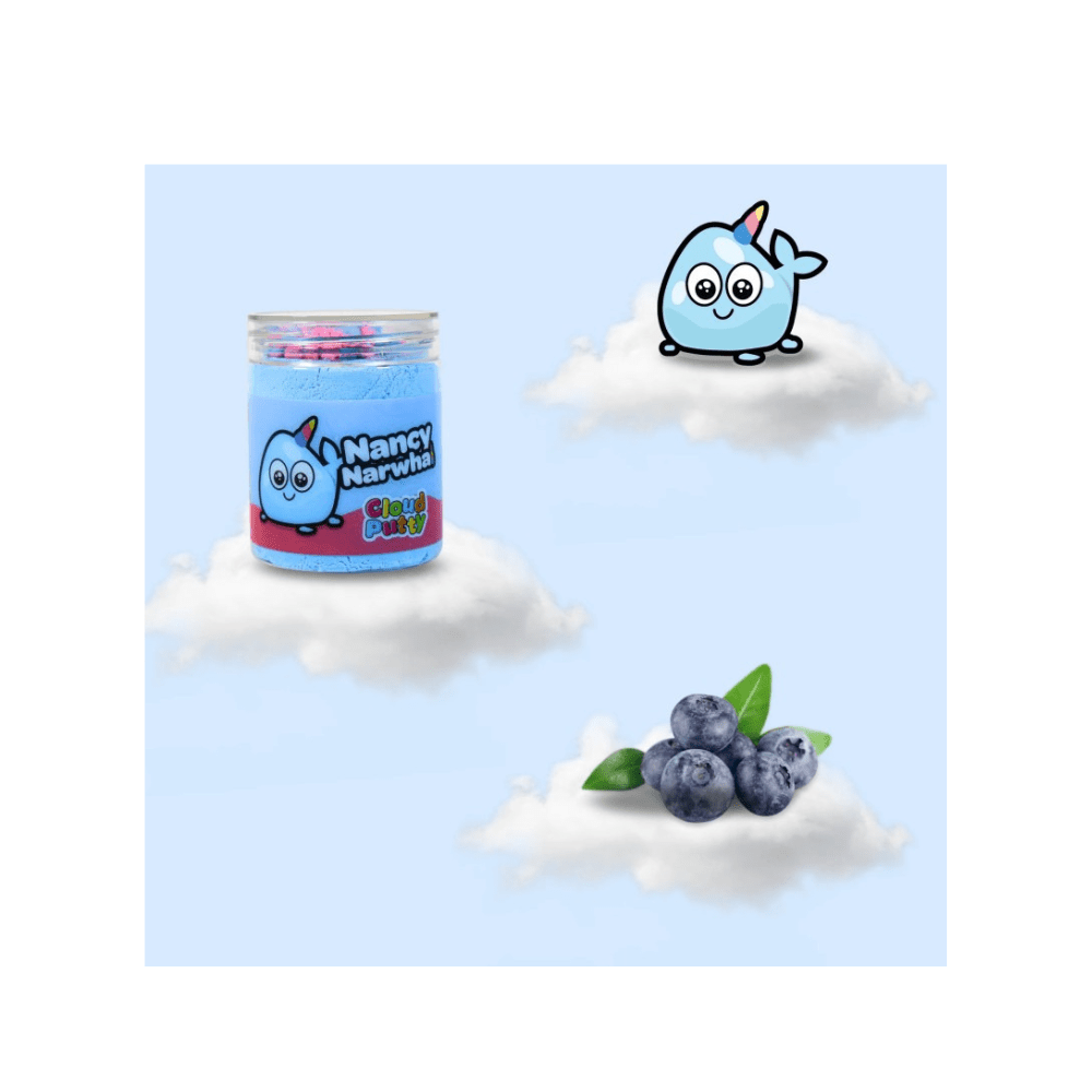Blue cloud putty jar with Nancy Narwhal character graphic