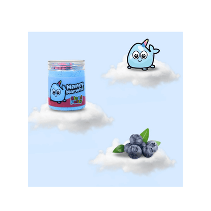 Blue cloud putty jar with Nancy Narwhal character graphic