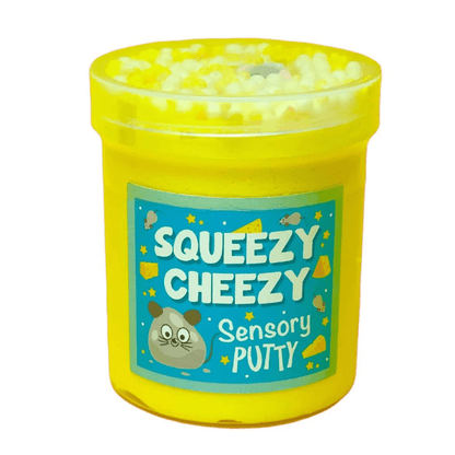 Yellow sensory putty jar, rounded clear lid, blue label with cat graphic