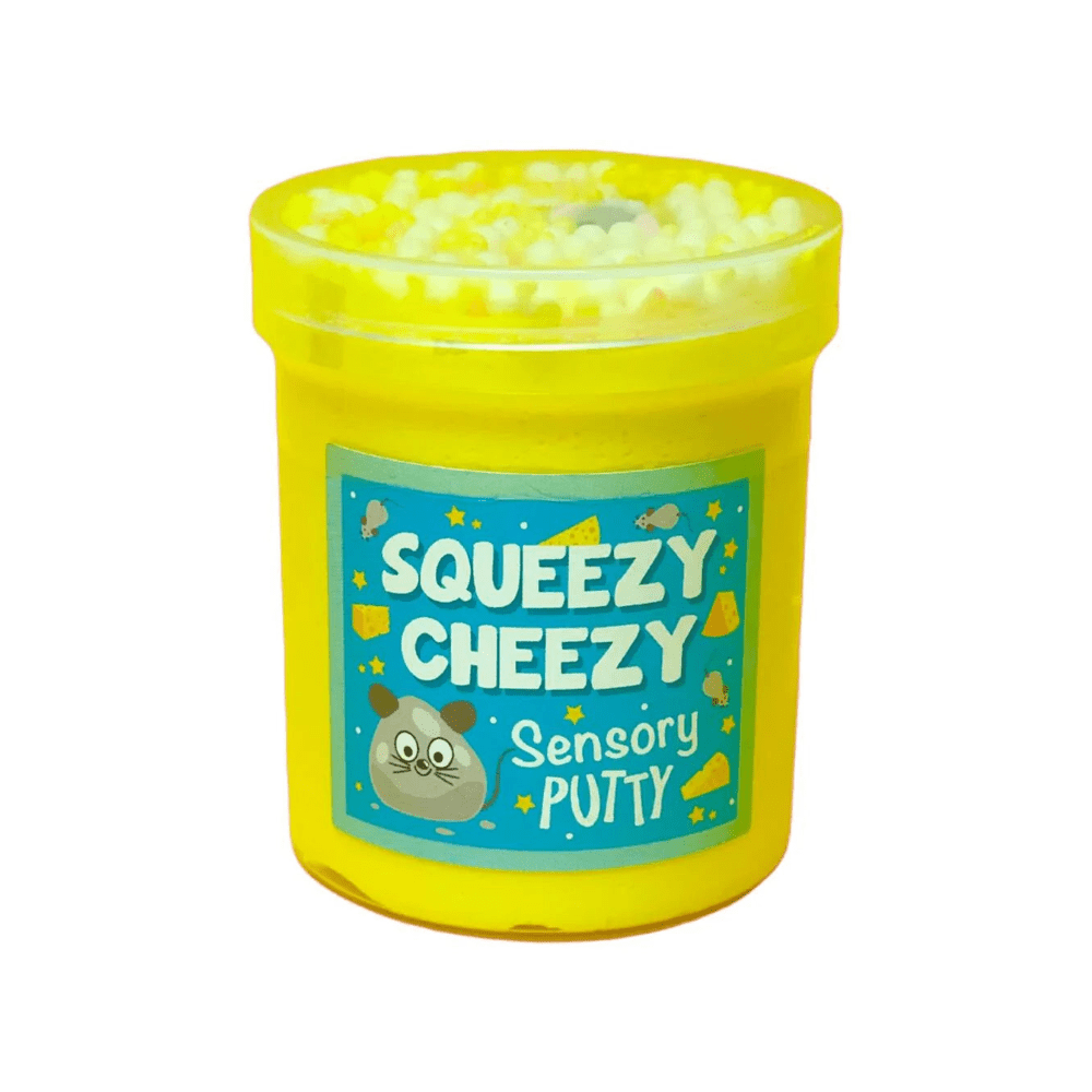 Yellow sensory putty jar with clear lid and blue label