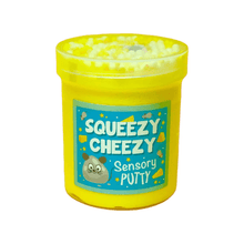 Yellow sensory putty jar with clear lid and blue label